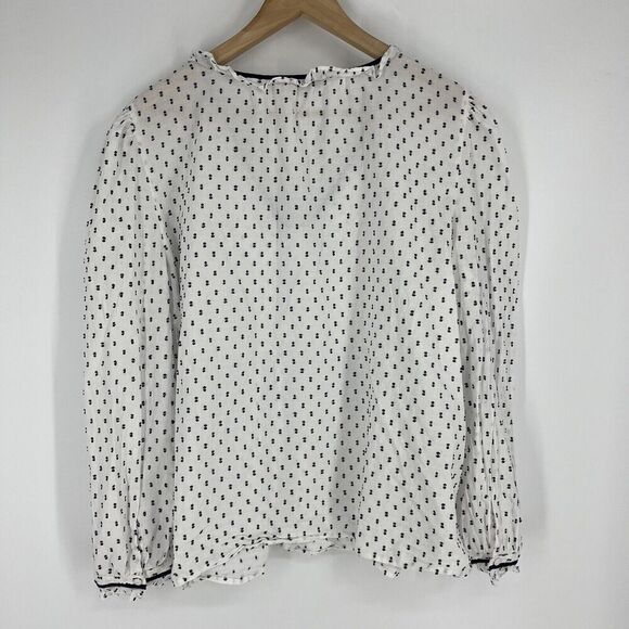 Loft Top Size XL Navy White Swiss Dot Shirt Popover Clip Ruffle Bib Blouse - Picture 5 of 8